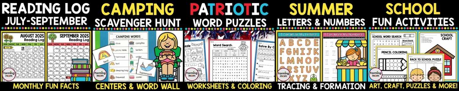summer reading log, camping scavenger hut, July 4th word search, summer handwriting practice, and back to school activities