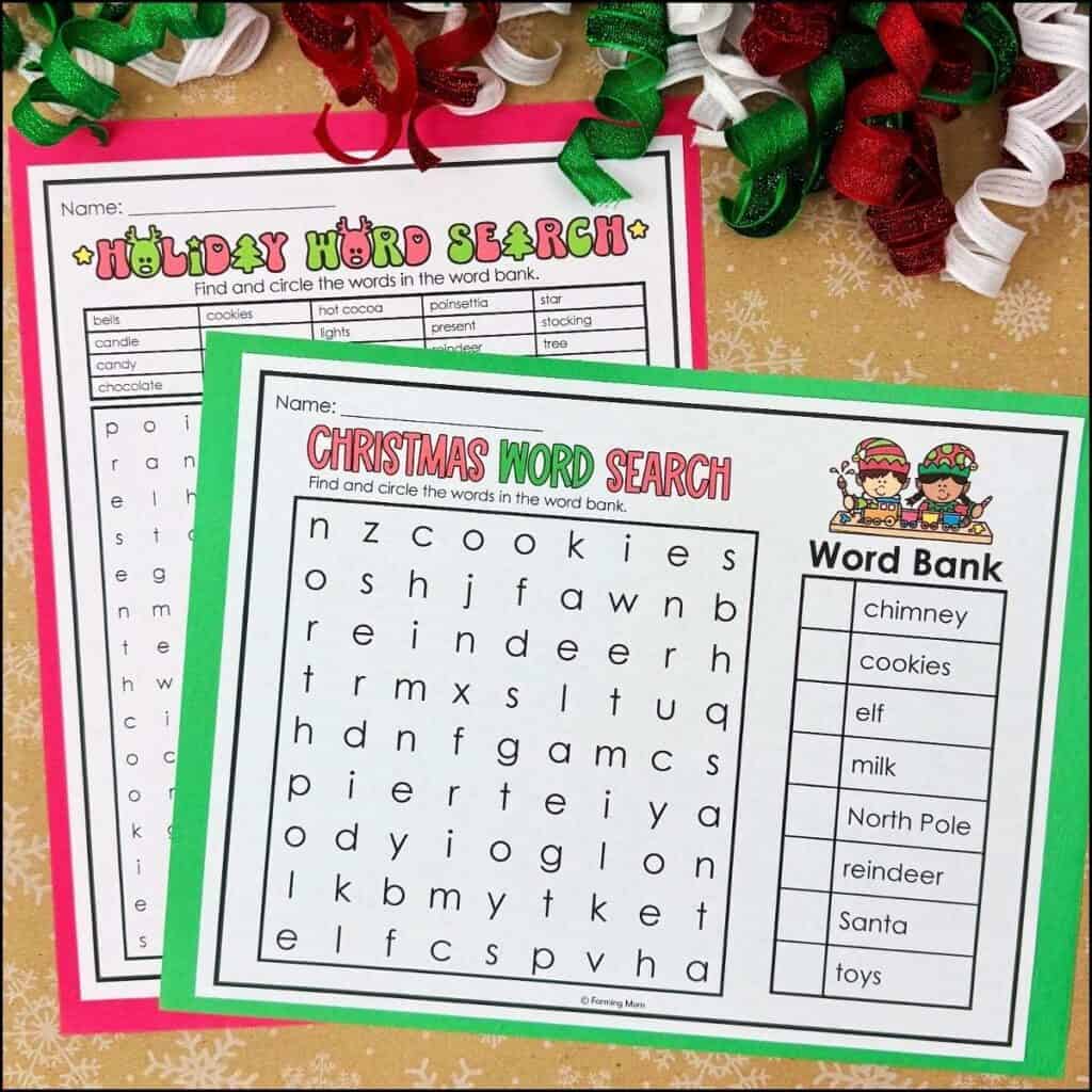 Hard and easy Christmas word search puzzles for kids with holiday ribbon