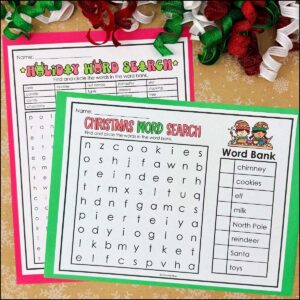 Hard and easy Christmas word search puzzles for kids with holiday ribbon
