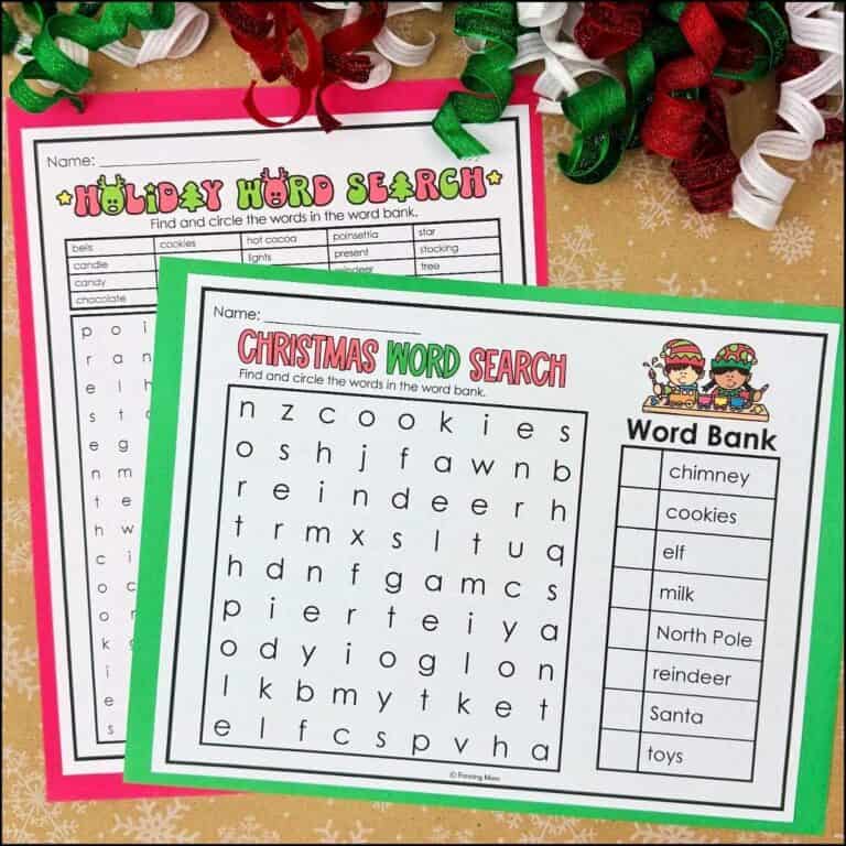 Hard and easy Christmas word search puzzles for kids with holiday ribbon