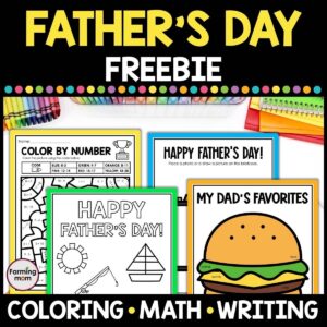 Father's Day coloring pages for kids sitting on a table - color by number, my dad's favorites, happy Father's Day coloring sheet, and photo page
