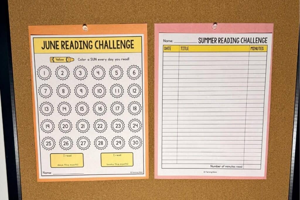 free summer reading challenge and book log for kids printables hanging on bulletin board