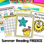summer reading log, goals sheet, book chart, reward coupons, and summer reading packet sheet sitting on table.