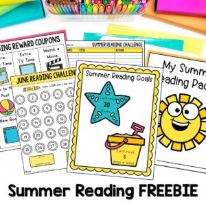summer reading log, goals sheet, book chart, reward coupons, and summer reading packet sheet sitting on table.