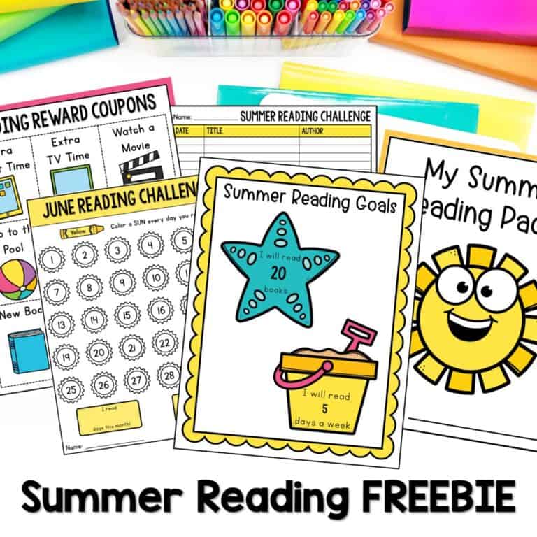 summer reading log, goals sheet, book chart, reward coupons, and summer reading packet sheet sitting on table.