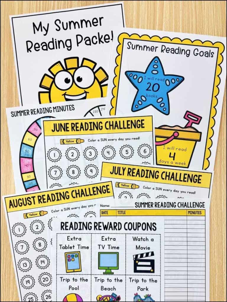free printable summer reading log for kids with packet cover goals sheet, minutes tracker, coloring reading logs for June, July, and August, book tracker chart, and reading reward coupons for kids laying on table