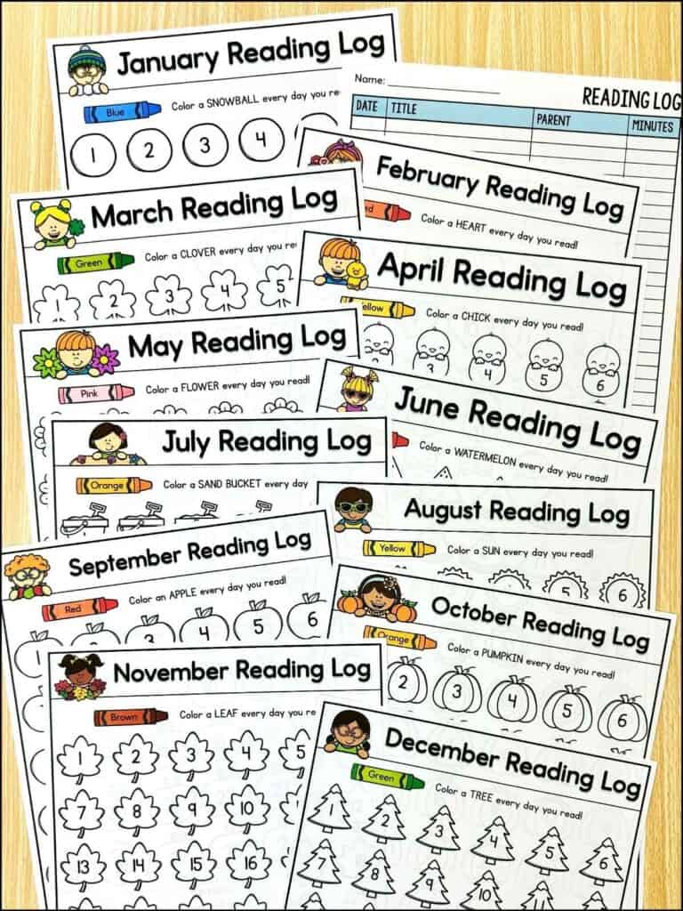 monthly reading log for kids printables laying on a table - one for each month of the year plus a reading tracker book log