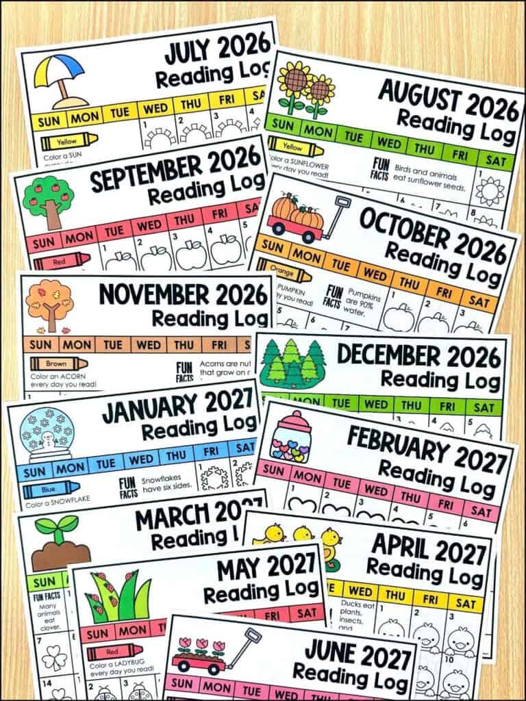 monthly reading log calendar printables for kids laying on a table one for each month of the year